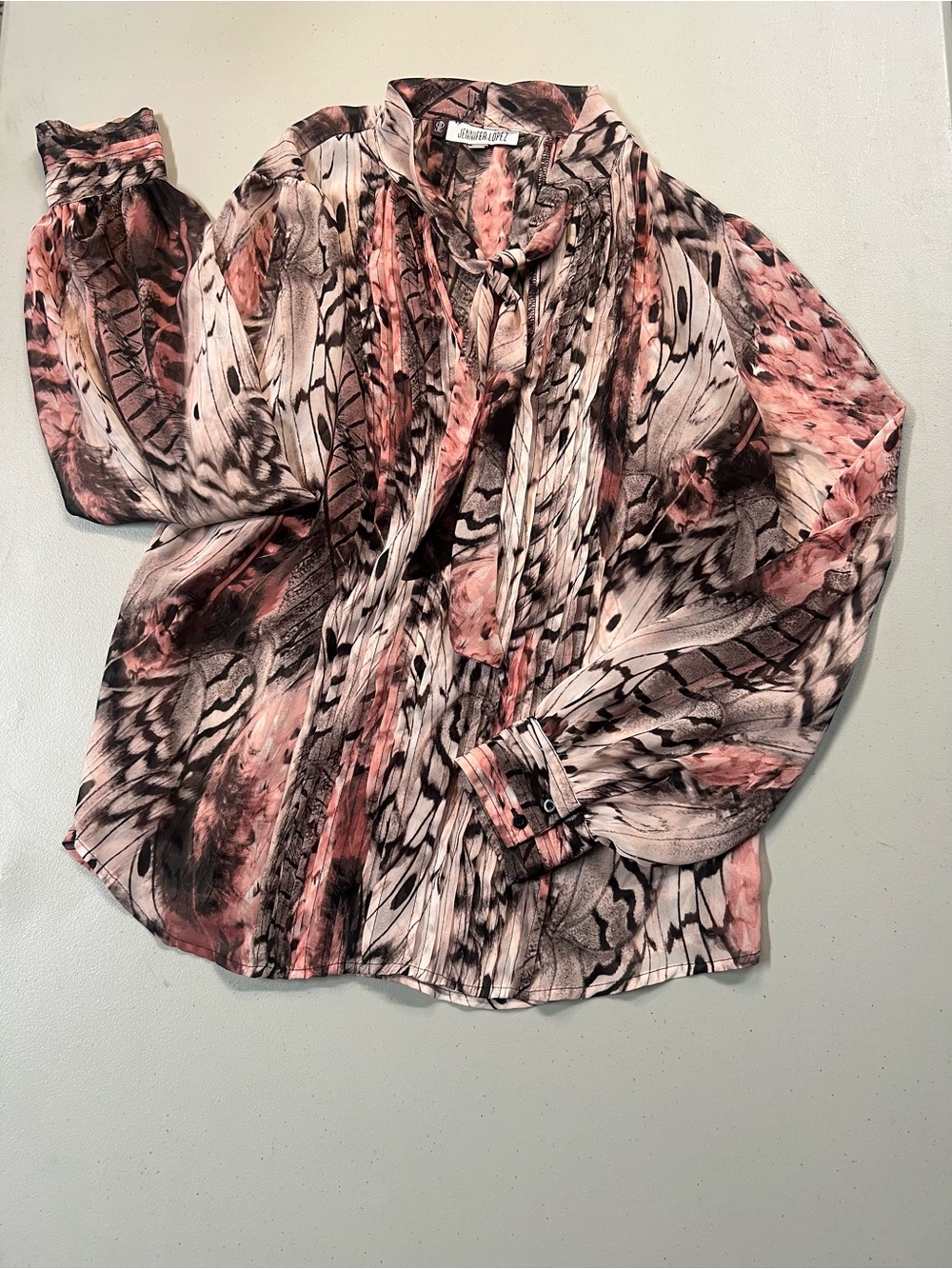 Jennifer Lopez Feather Print Tie Neck Long Sleeve Blouse Women’s Large